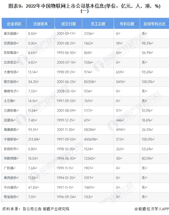图表9：2022年中国物联网上市公司基本信息(单位：亿元，人，项，%)(一)